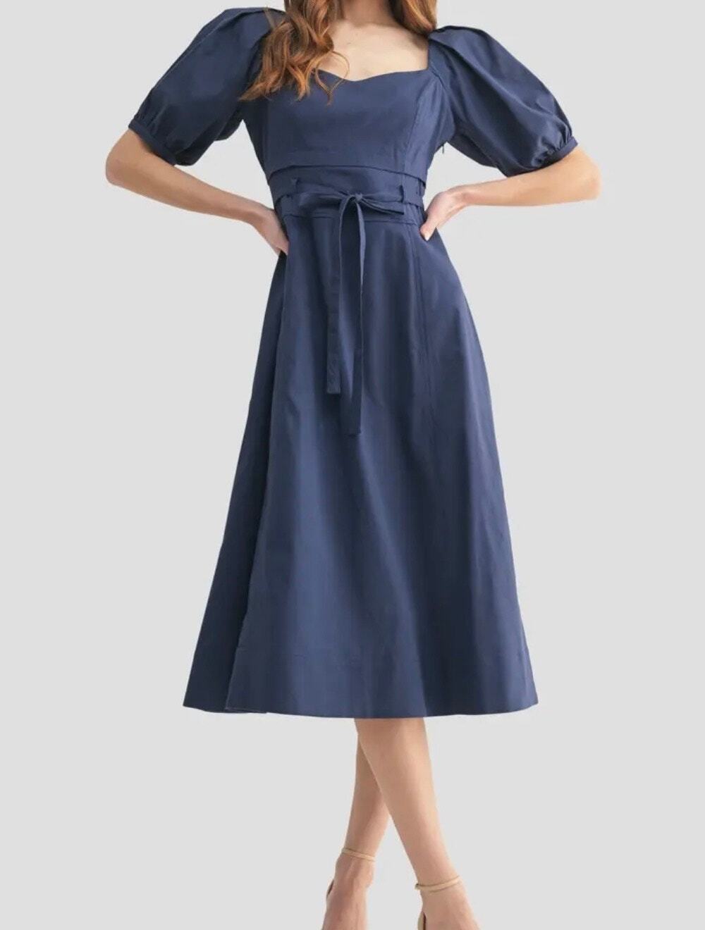 Mila Mae Women's Puff Sleeve Cinched Waist Fit & Flare Midi Dress Large Navy